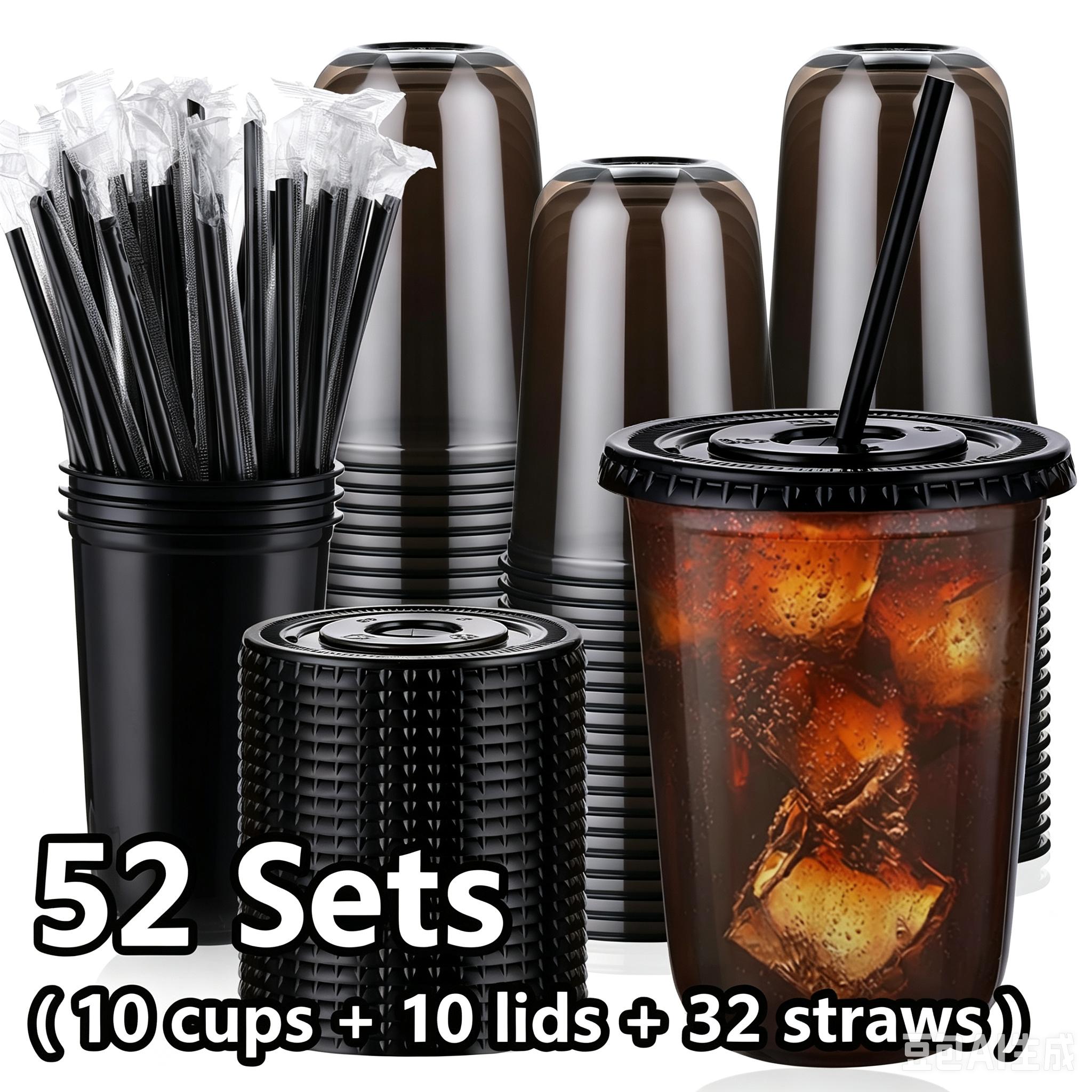 TEMU Set Of 52 Disposable Cold Drink Cups With Lids And Straws, 16oz Black Transparent Plastic Cups Ideal For Iced Coffee, Milk Tea, And Smoothies,