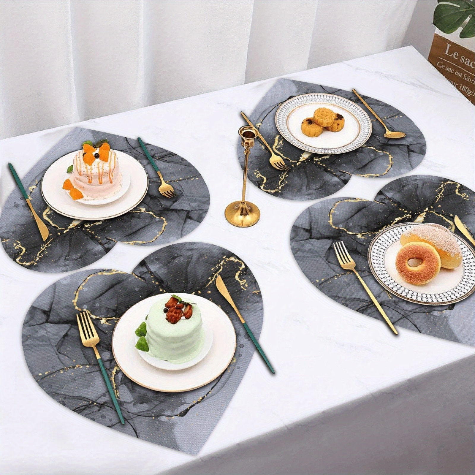 

4pcs Set Heart-shaped Dark Marble Placemats - Non-slip, Washable Polyester Table Mats For Valentine's Day & Dining Decor