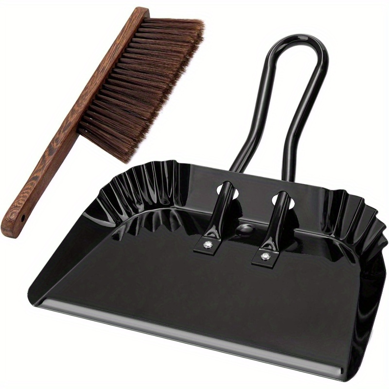 heavy-duty large 17-inch metal dust pan and brush set with ergonomic rubber-coated handle & sturdy broom head - large rectangular pan with rounded edges for carpet, hardwood, tile, vinyl floors - indoor/outdoor use for home, patio, car, pet hair removal - durable metal construction, easy to clean, space-saving design, dust pan with long handle, mini broom and dustpan, dust pan and broom, mini dust pan Product details 0