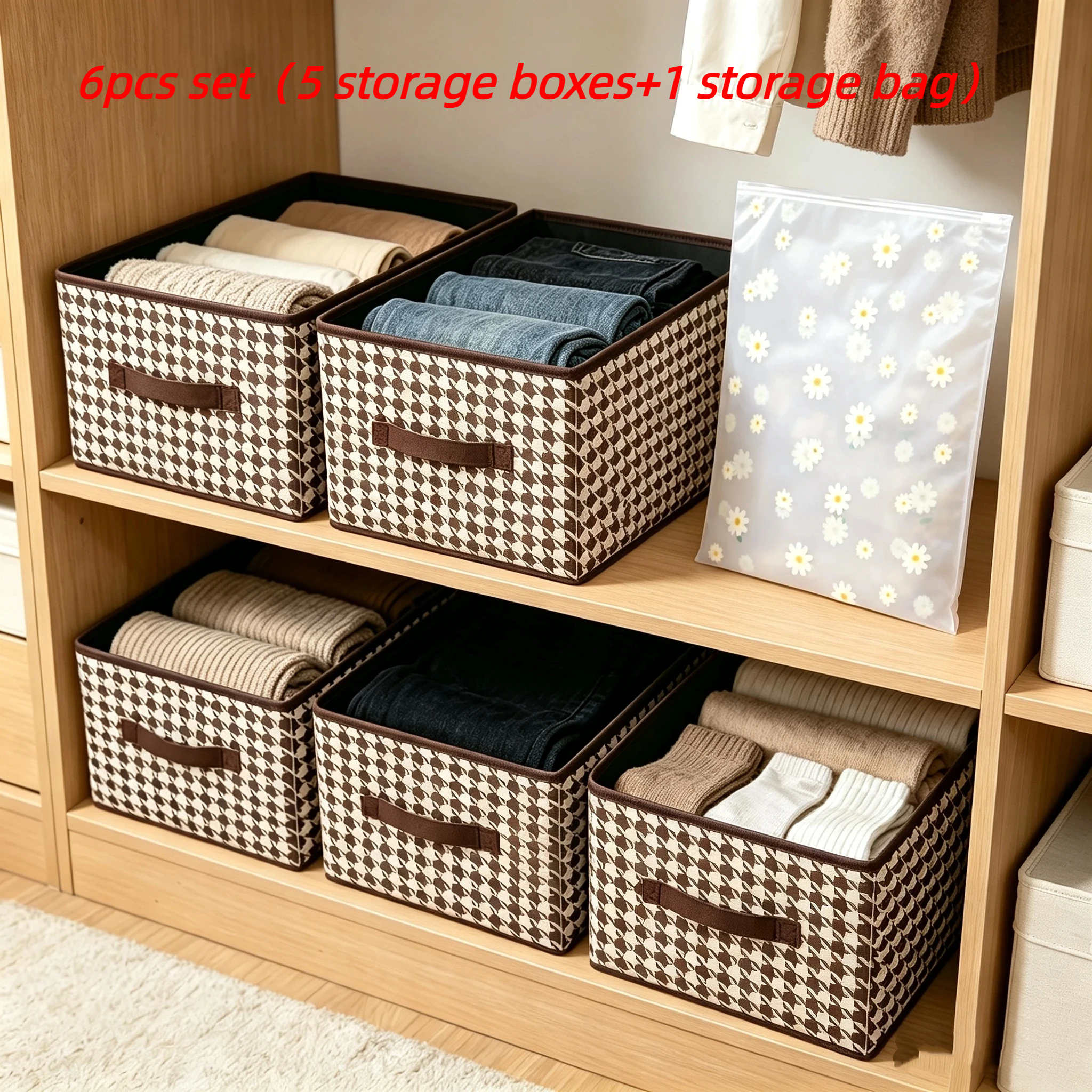 TEMU 6pcs Set Of Foldable Large-capacity Storage Bins + Clothes Storage Bags, Space-saving Fabric Storage Boxes, Portable Wardrobe Storage Baskets,
