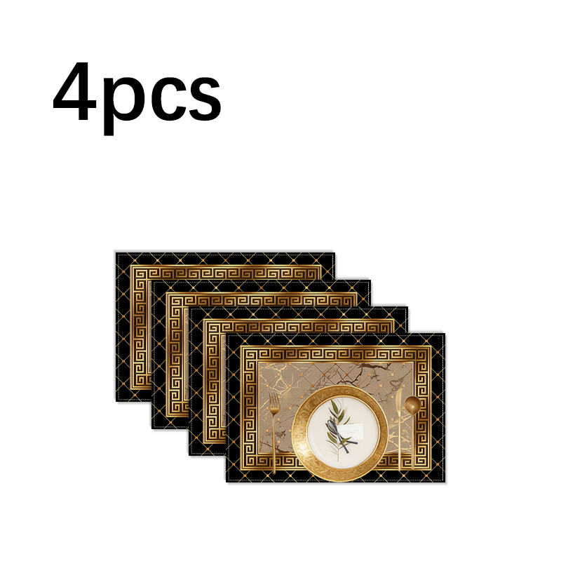 TEMU 4er-Set Luxuriöse Schwarz Goldene Griechische Schlüssel Marmor Platzsets, 12×18 Zoll Rechteckige Esstischmatten, Abstrakte Griechische Schlüssel