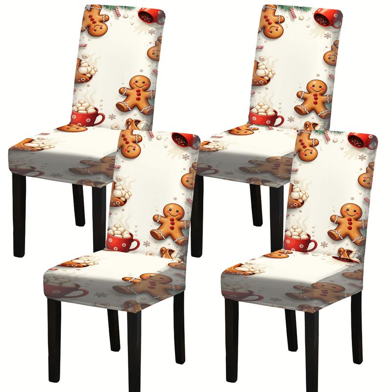 TEMU 4/6pcs Dining Chair Covers, Cozy Christmas Scene With Gingerbread For Man, Hot Chocolate, Snowflakes, And Pine Branches, Festive Home Decor, 2d