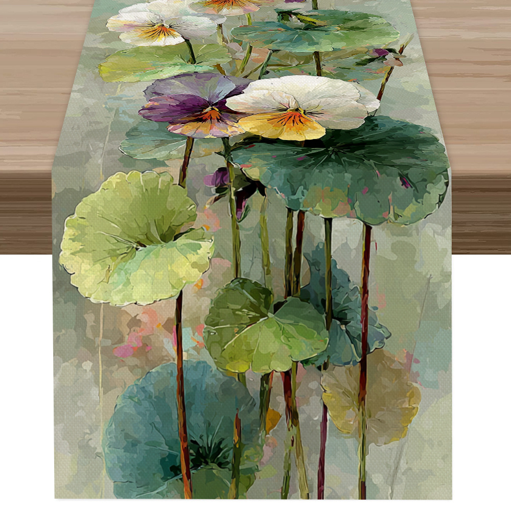 1pc Fresh Tricolor Pansy Printed Table Runner, Latest Spring Summer Table Runner, Bright Style Table Runner, Nordic , Printed Polyester Table Runner, Long Printed Natural, Bright And Summer