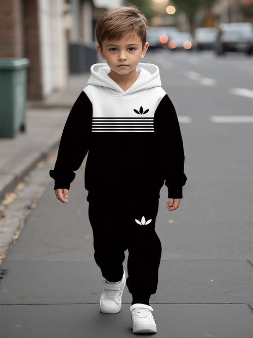Ensemble de sweat-shirt pour garçon avec imprimé numérique 3D à motif trèfle rayé noir et blanc, ensemble de sweat-shirt de sport d'extérieur pour la rentrée scolaire, ensemble de sweat-shirt décontracté polyvalent et élégant pour le printemps et l'automne, pour enfants, idéal pour les vacances, pour l'extérieur