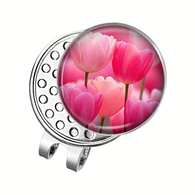 TEMU 1pc Pink Tulip Bouquet Round Glass Dome Hat Clip Golf Ball Clip