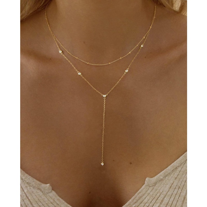 Image of 2pcs/pack Golden Necklace For Women, Dainty Golden Long Necklaces Prom Bar Cz Necklace Easy Choker Necklaces For Women Trendy Fashion Golden Jewelry Women, Halloween Christmas Gifts For Women