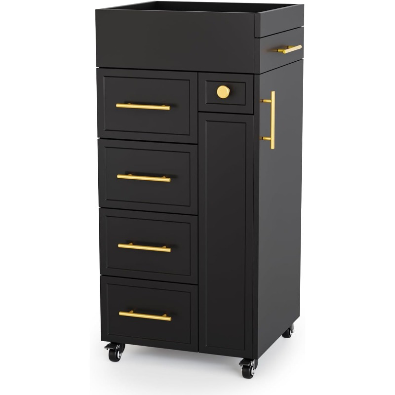 TEMU Heavy-duty Cart With 5 Drawers, 3 & Adjustable Shelf - Station With Locking Wheels, Large Top Surface - Sturdy Wooden Construction For Barber