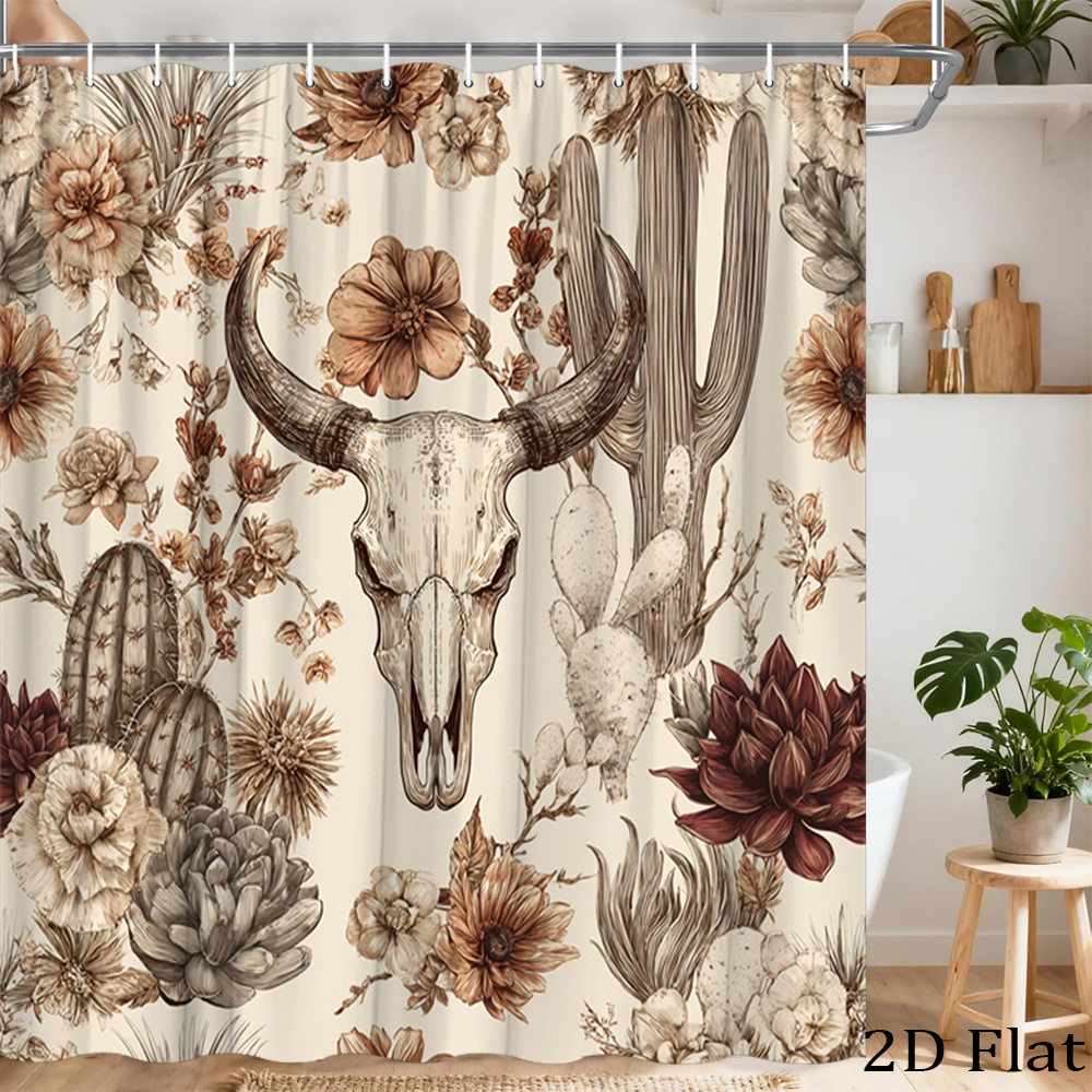 TEMU 1pc Rustic Bathroom Shower Curtain Floral Cow And Vintage Western Theme Polyester Fabric Bath Curtain With 12 Hooks 70.8x70.8 Inch For Decor