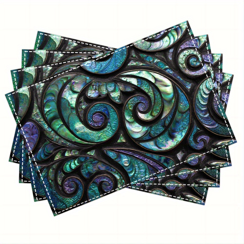 TEMU 4/6/8pcs, New Zealand Abalone Maori Pattern Table Mats Designed By Koru, Stylish Printed Table Mats Suitable For Dining Tables, Kitchens,