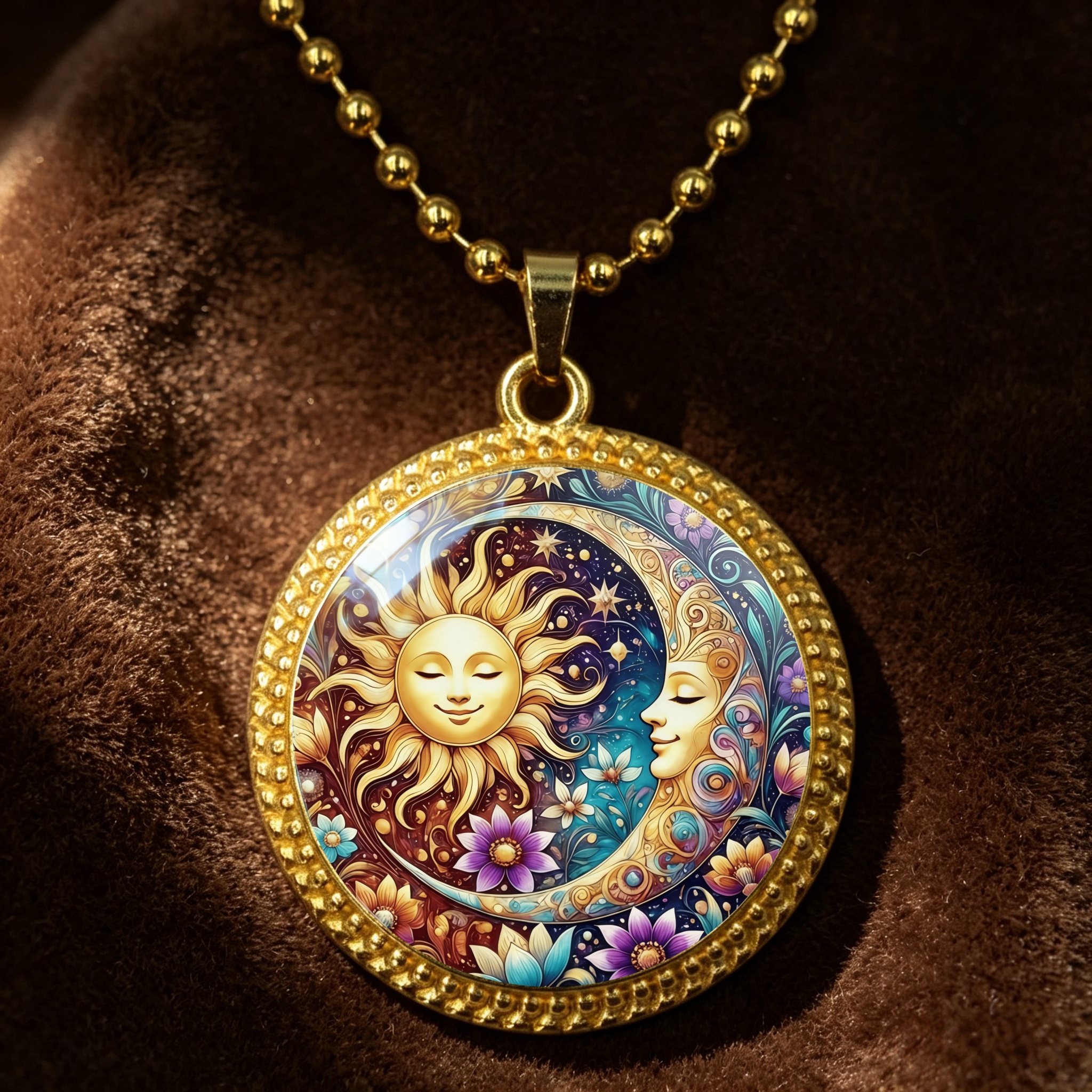 TEMU Collar bohemio vintage de cara de sol y luna para - Cadena de cuentas redondas doradas con colgante astrológico, para uso diario, joyería para