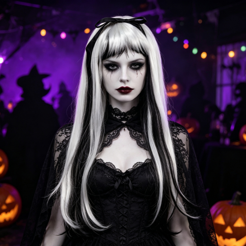 TEMU Halloween Party Costume Wig, Gothic Style Multicolor Long Curly Hair, Women's Synthetic Wig, Black And White , With Straight Bangs And Black Bow