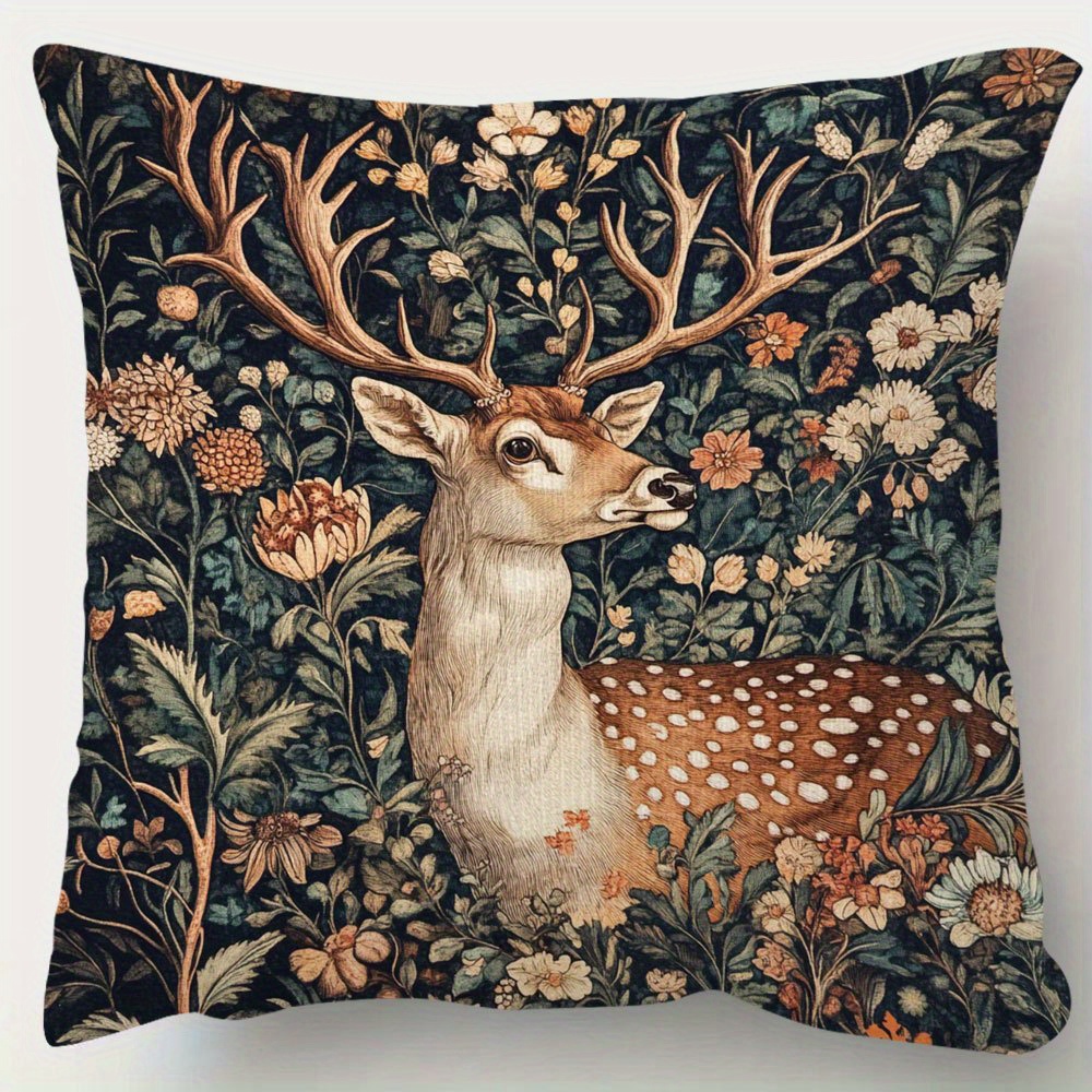 TEMU A Vintage William Forest Deer Floral Pattern Pillowcase, Double-sided Print, Zipper Closure, Machine Washable, Suitable For Decorating Sofas,