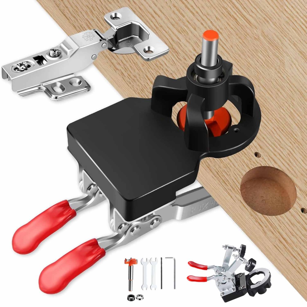A Jig For Concealed Hinges Featuring Clamp, Designed For Cabinet Hinges, Ideal For Drilling Hinge Holes In Woodworking Projects For Door And Cabinet Installations