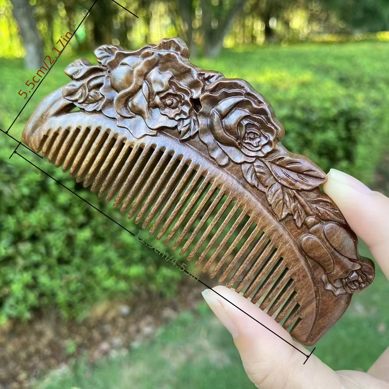 Image of 1pc Fine-tooth Wooden Hair Comb - Handcrafted Natural Wood Hairbrush, Intricately Designed Rose Pattern, Black And Bristle Comb