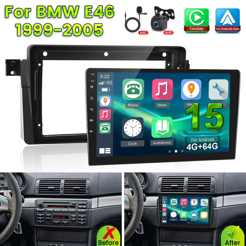 4gb + 64gb 15 Car Radio For E46 1998-2006 Radio Car Stereo 9 Inch Touchscreen Car Radio With Gps Navigation & Fm/ Rds Radio Reversing Camera& Mic, Indash Navigation, Vehicle Entertainment