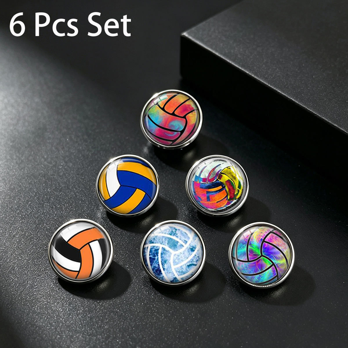 TEMU 6pcs Multicolor Sports Volleyball Print Stainless Steel Lapel Pin Set Unisex Accessory Brooch
