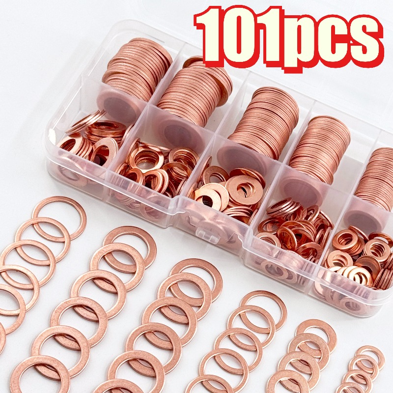 TEMU 101pcs Pure Copper Shim Set, Oil Pan Plug Shims, Oil Pads, Flat Washers, Gaskets, Common Shims, Used Anti-loosening Flat Washers, Flat Gaskets,