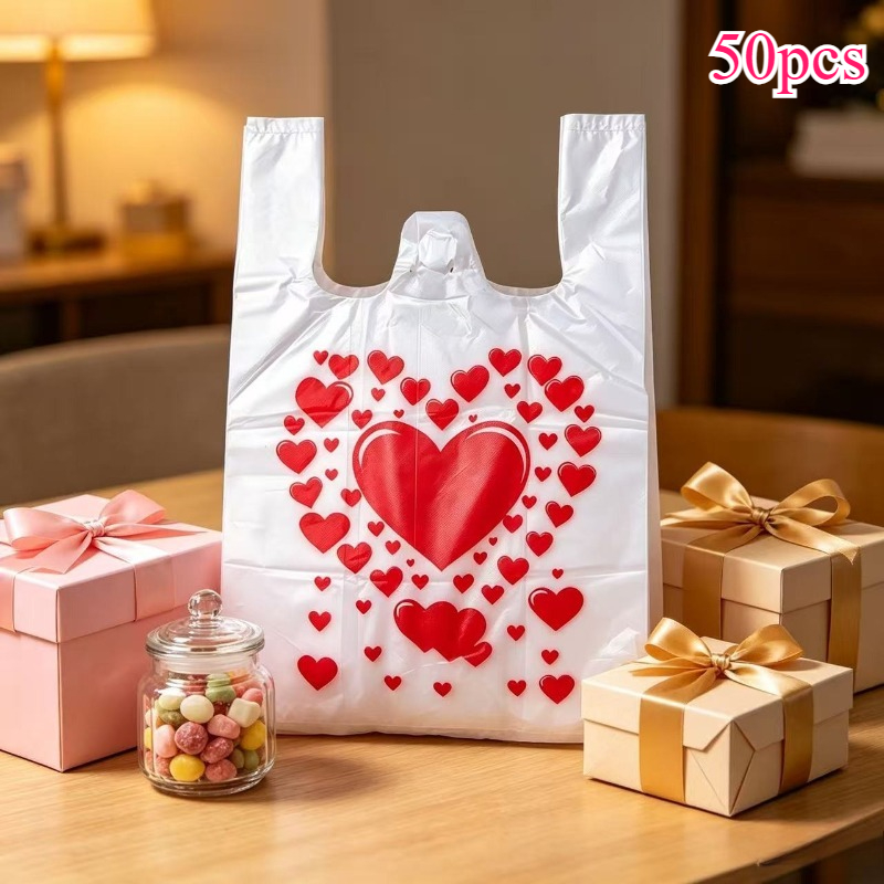 Image of 50pcs Big Heart Shopping Bags Vest Bags, Packaging Bags, Merchandise Bags, Small Multipurpose