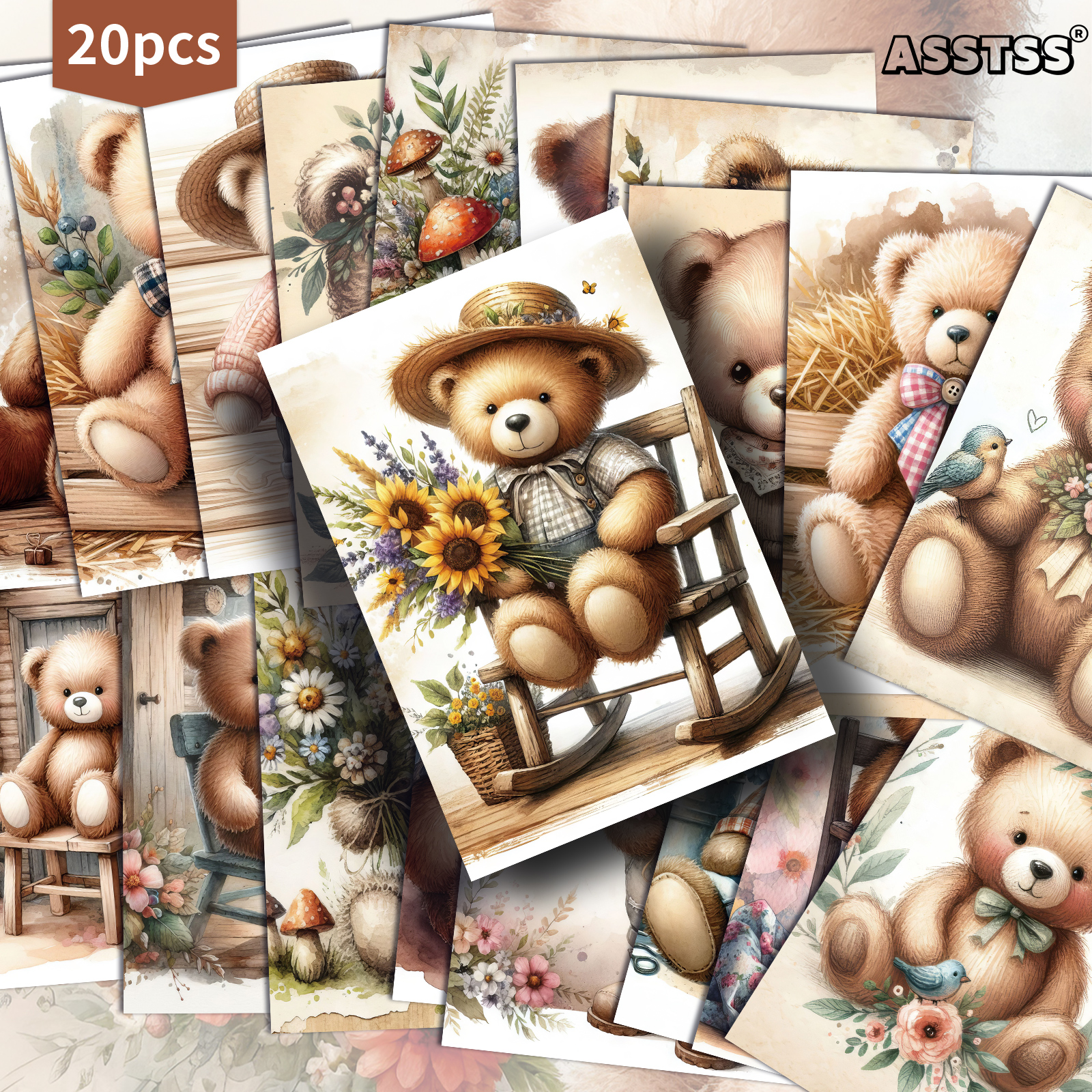 TEMU 20 stuks ASSTSS Retro Cottagecore Teddybeer Kaarten met Vintage Pinup Teddy Illustraties - Junk Journal Papier Geschikt voor Scrapbooking,