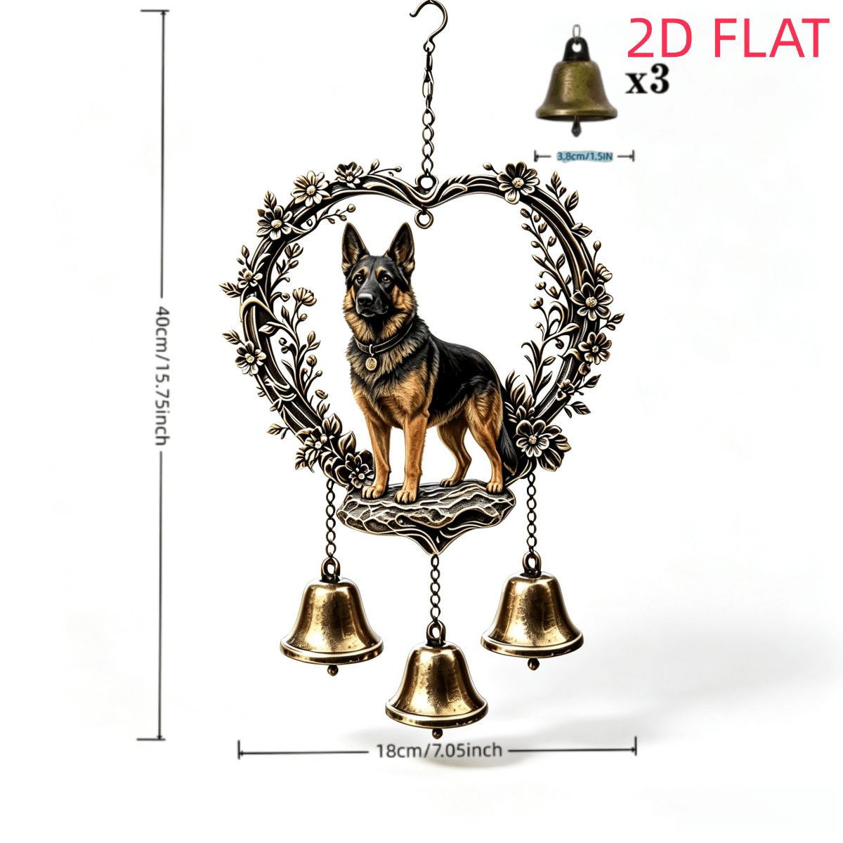 TEMU Heart-shaped Vintage Floral German Shepherd Wind Chime 2d Flat Acrylic Hanging Ornament, With 3pcs Vintage Bells, Hand Assembled Wind Chime,