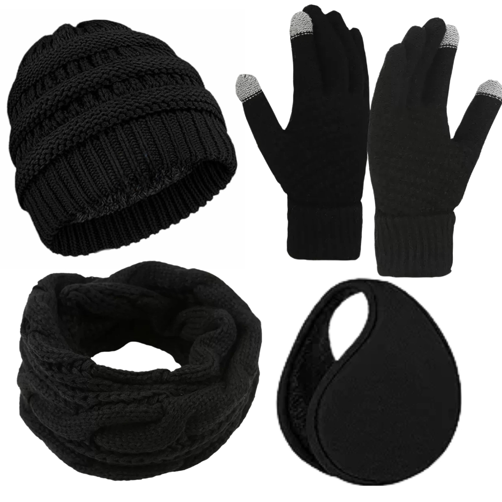 Image of 4pcs Winter Warm Suit Plush Beanie Hat Scarf Touchscreen Gloves Set For Women, Women's Beanie With Ear Muffs Warmer Neck Warmer Gloves Christmas Gifts Additions