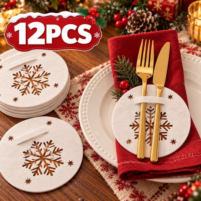 TEMU Lot de 12 porte-couverts en feutre de de neige et d', convient pour les décorations de table de Noël, pochette à couverts ajourée avec de de