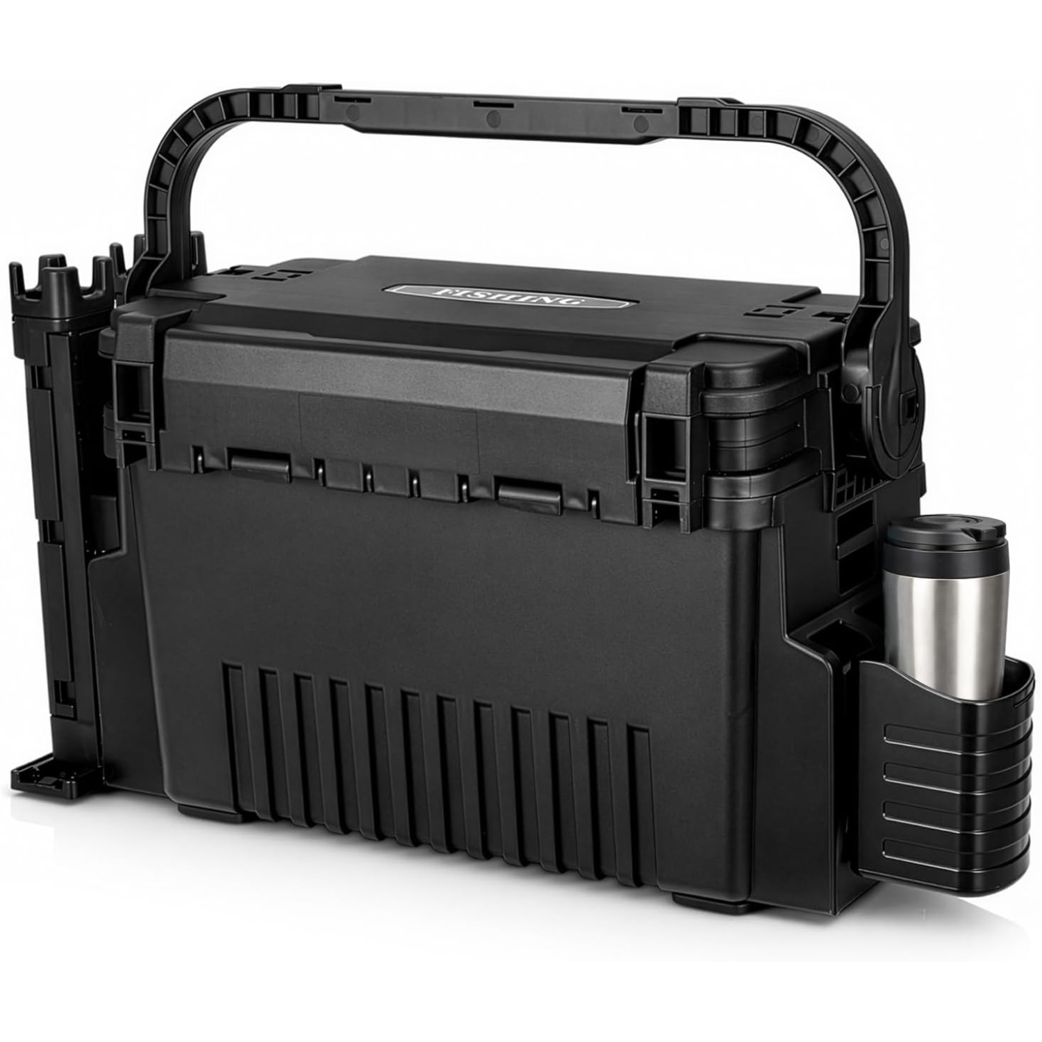 Image of 2-tier Large Fishing Tackle Box With Rod Holder & Cup Holder, Foldable Carrying Handle, 43×24×28cm Fishing Box, Fishing Accessory Organizer, Lure Box, Tackle Boxes, Fishing Case Blue Black Gray