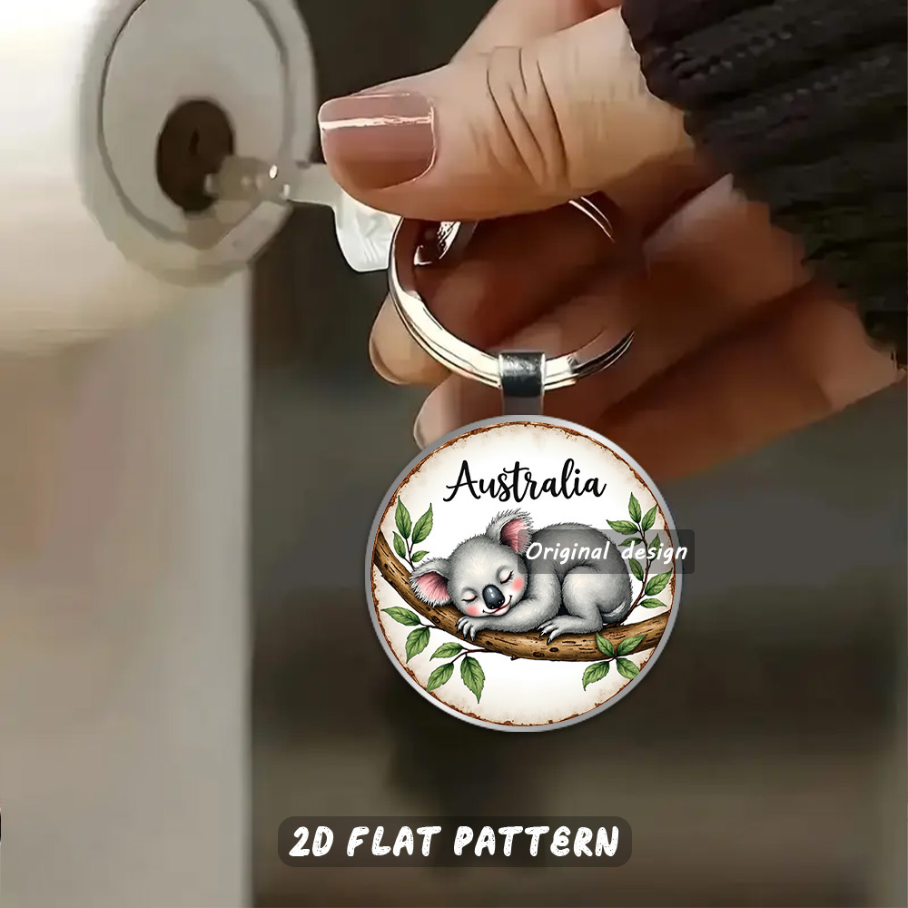 TEMU 1pc 2d Flat Durable Metal Keychain | Koala Retreat - Branch Scene With Whimsical Sloth - , Australia Enthusiasts & Holiday Gifts, Silvery Grey