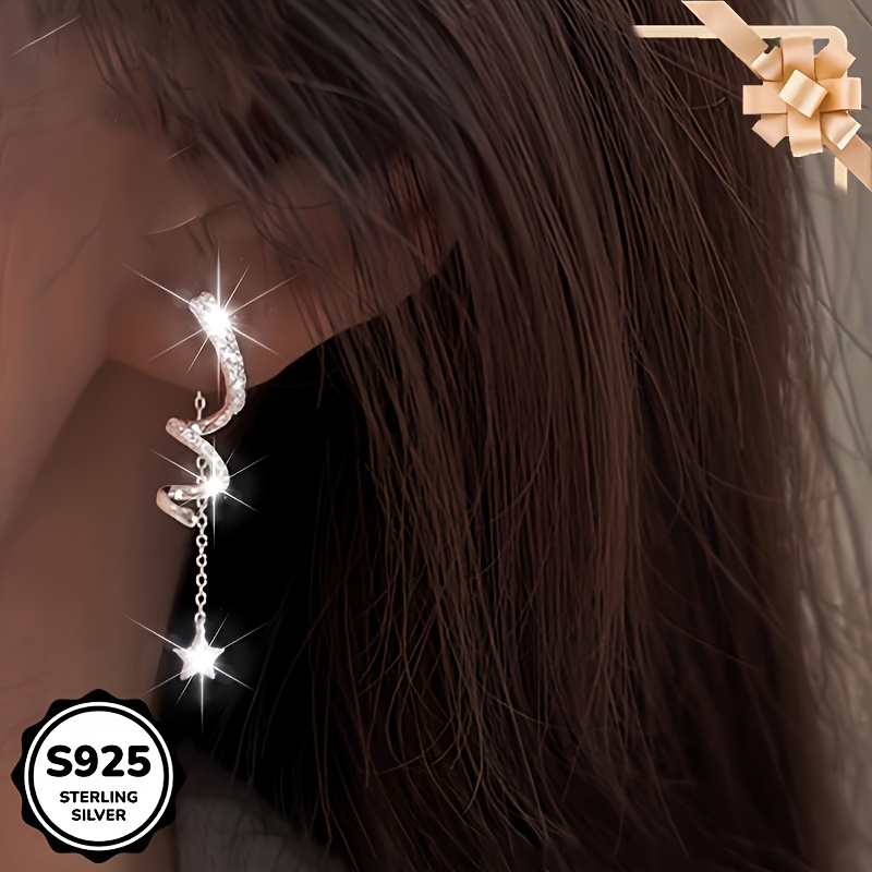 1 pair s925 sterling silver tassel drop earrings with sparkling cubic zirconia hypoallergenic   daily wear and parties ideal for gift   elegant and vintage style Product details 2