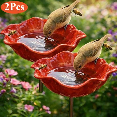 2er-set handgefertigte metall-blumen-gartenstake mit bienenbad und vogeltränke - dekorative gartenkunst für den außenbereich, schmetterling- und pollinatoren-bewässerungsstation, wetterfeste gartendekor-geschenk