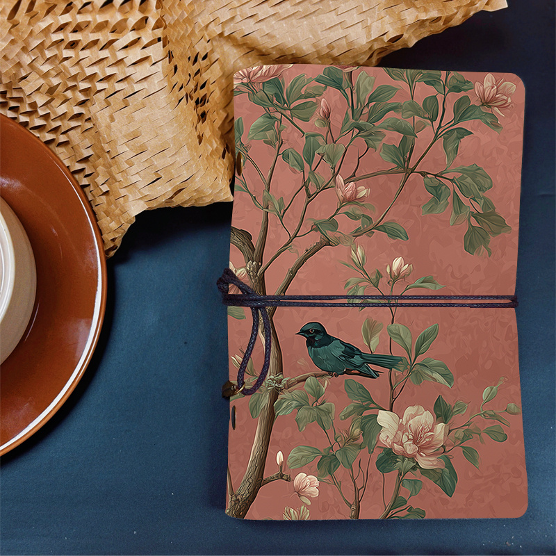 A And Practical Handmade Leather Notebook Featuring Birds, Flowers, Leaves, And Branches, Perfect For Studying, Sketching, And Gifting At Festivals