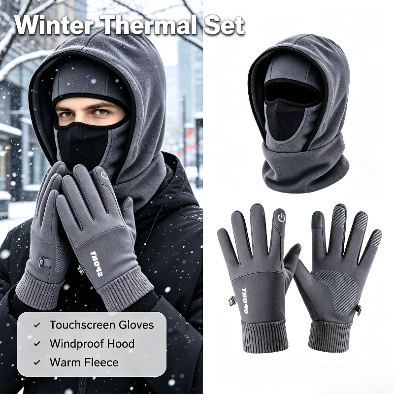 TEMU 2pcs Set Of Outdoor Warm Hat + Gloves In Autumn And Winter, Unisex Velvet Thickened Face Protection Integrated Hat, Outdoor Casual Hat And