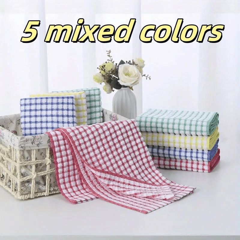 TEMU 5pcs Set Of Random Color Large Cleaning Cloths - Available In Multiple Colors: Red, Blue, Yellow, Orange. Absorbent And Durable Kitchen Towels