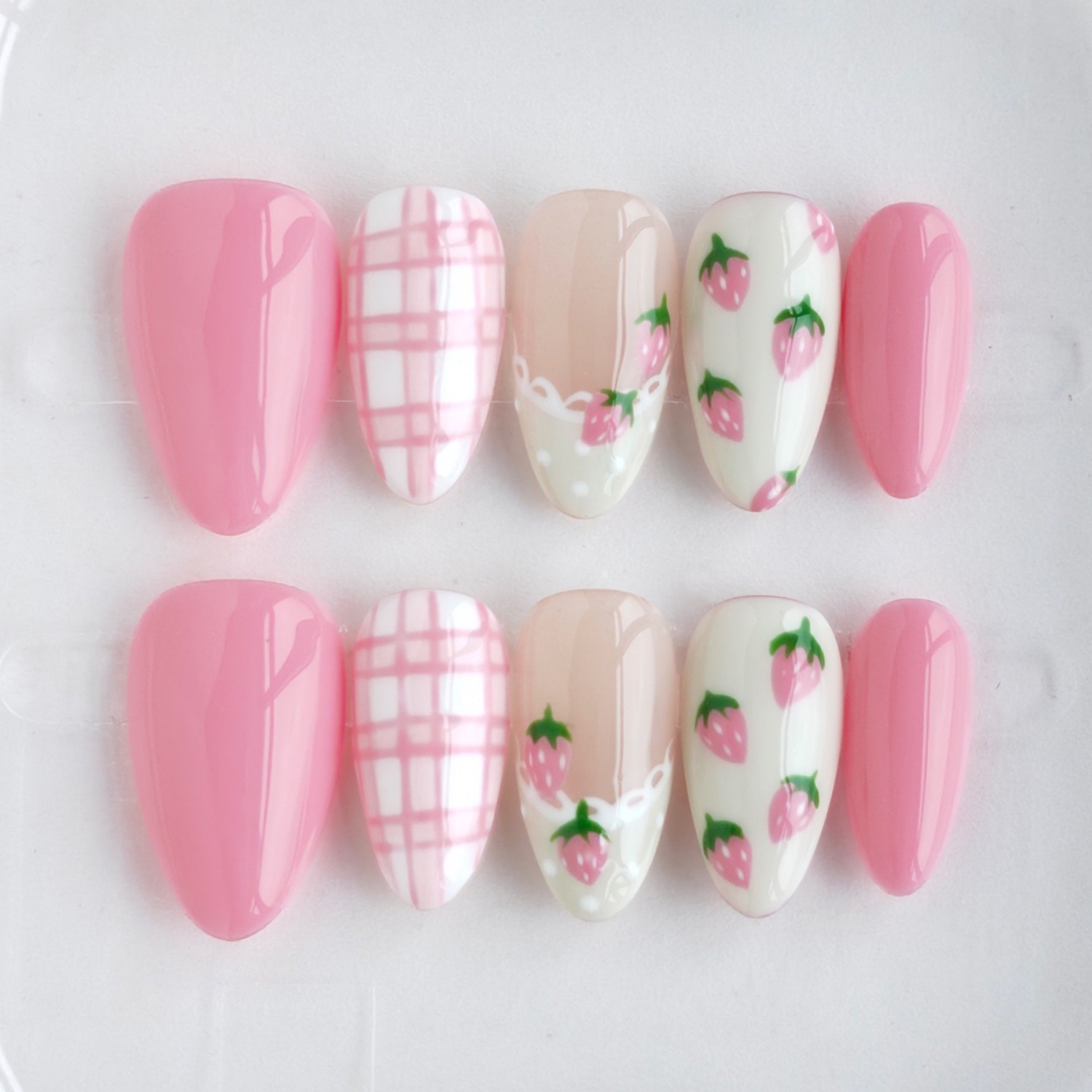 TEMU Handmade Press-on Nails 10pcs, New Short Almond Shape - Pink Plaid And Strawberry , Cute , Suitable For Summer Outfits, Date Looks & Sweet