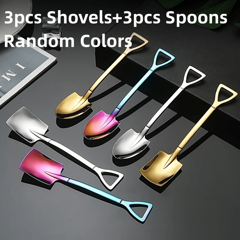 6pcs Stainless Steel Mini Shovel Spoon Set, Quirky Dessert& Tools, Fruit& Ice Cream Gadgets For Kitchen& Dining, No Power Required