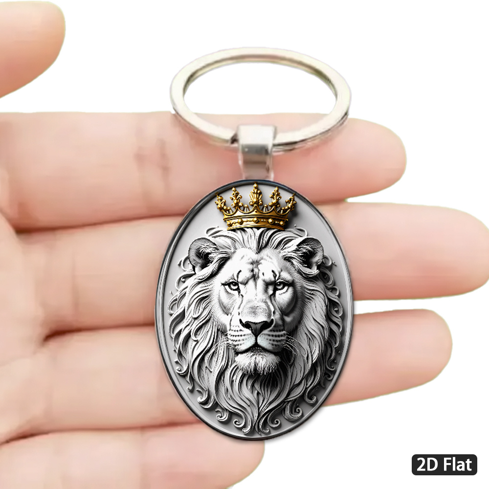 TEMU 2d Flat - 1pc 2d Flat, "medieval Style Lion Themed Keychain, Intricate Lines And Crown Decorations Highlight Power And , Suitable For Car Keys