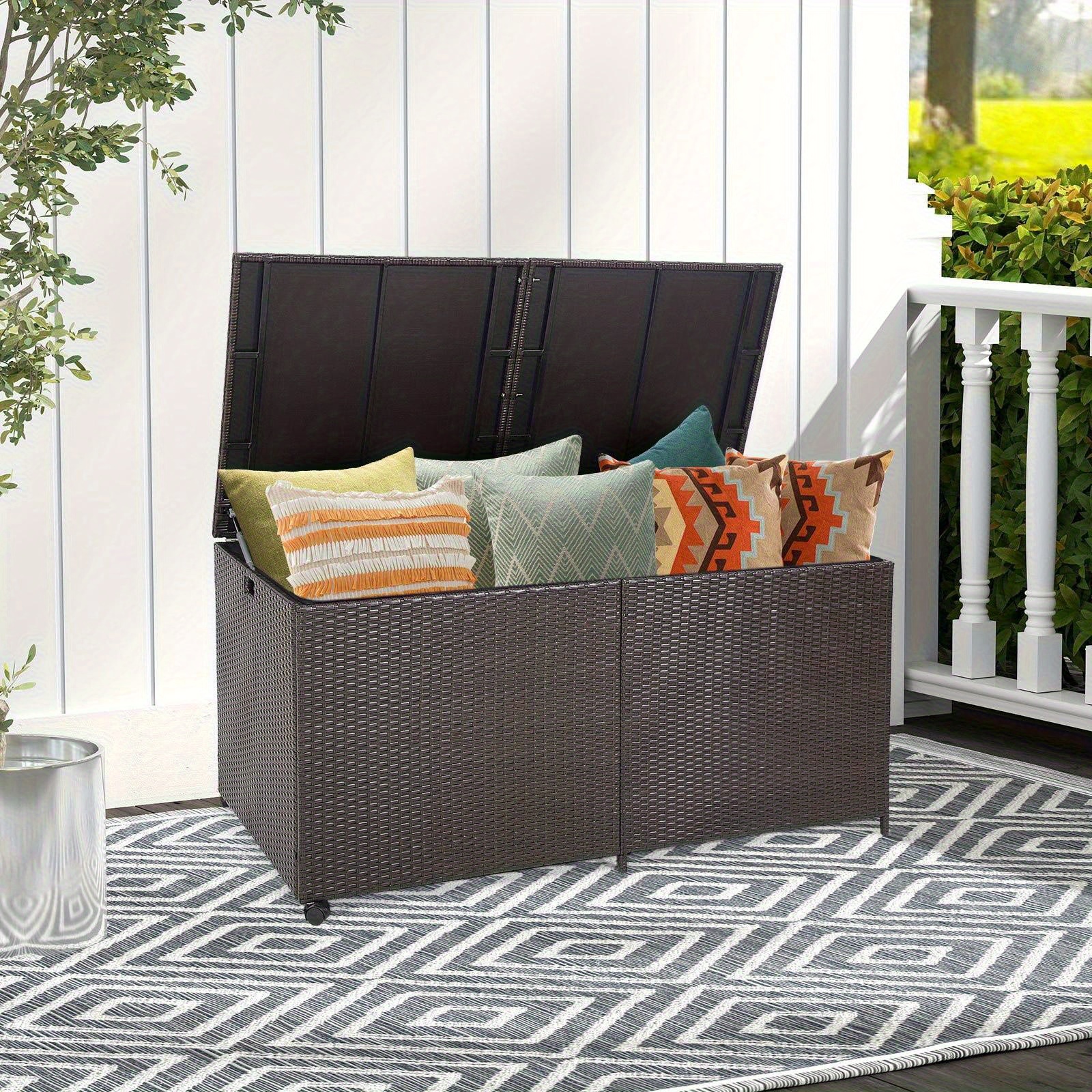 TEMU Lifezeal175 Gallon Large Outdoor Storage Box With & Zippered Liner - Heavy-duty Pe Rattan & Metal Construction, High Quality Resistant, -rolling