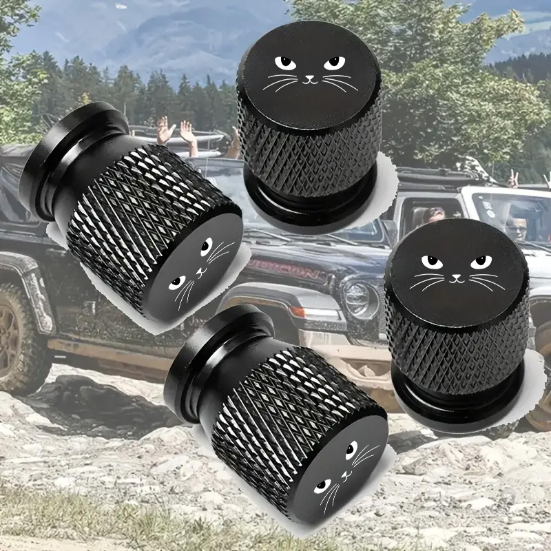 TEMU Set Of 4 Cute Cat Pattern Tire Valve Covers - Made Of Durable Aluminum, Designed In Of A Cat, Prevents Tire Leaks, Enhances Vehicle Appearance,
