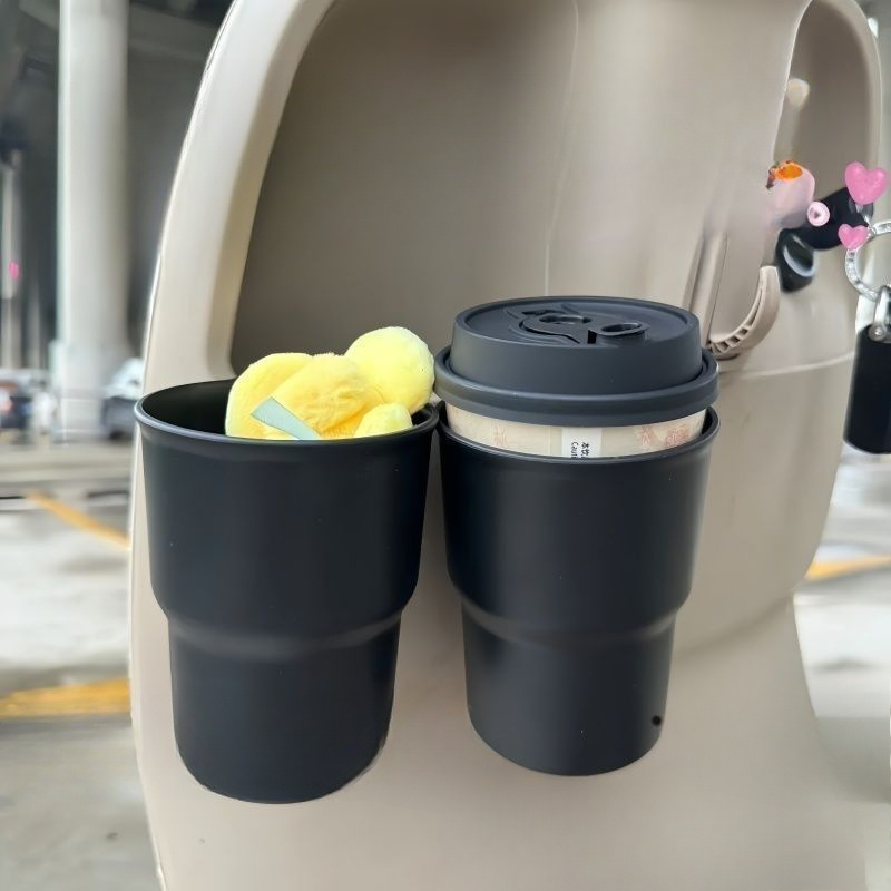 

1x Black Multifunctional Portable Electric Scooter Cup Holder - Plastic Car Trash Bin Storage Box With Dual Compartments For Beverages And Small Items