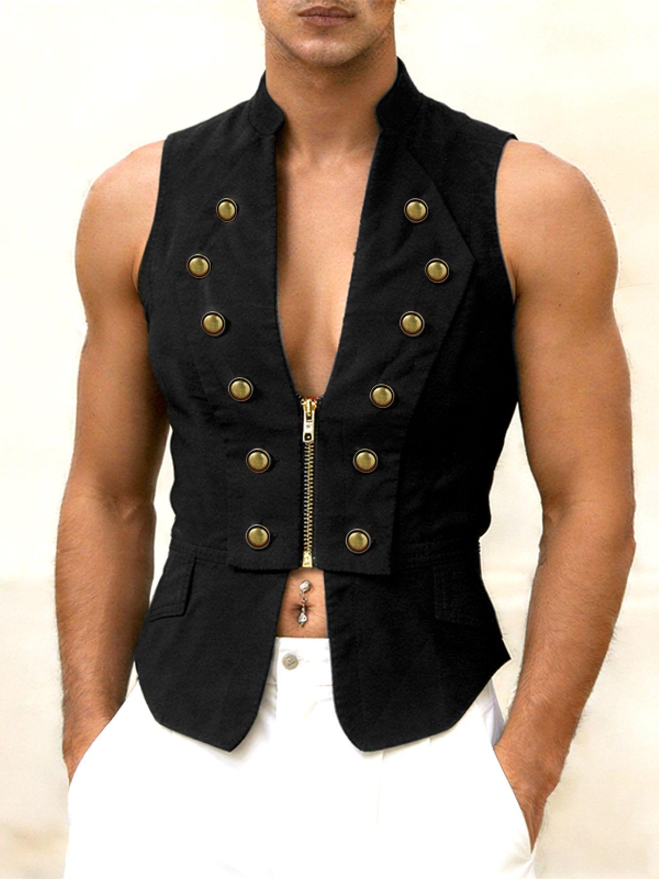 item picture mens stylish double breasted   neck front zipper solid loose fit   retro casual vest