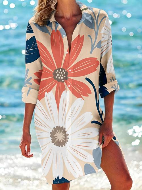 womens casual sports long sleeve shirt floral background pattern button up collar machine washable spring summer beach and casual sport dress 14