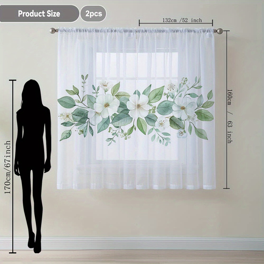 TEMU 2pcs White And Green Print Sheer Curtains, Style With Rod Pocket Decorative Window Drapes, Suitable For Kitchen, Cafe, Living Room, Balcony,