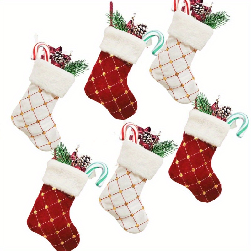 6pcs Christmas Socks, , Cotton, Holiday Decoration, Feather Free, Red And White Checkered Design, For Home And Kitchen Use