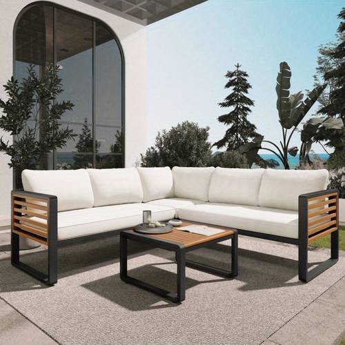 go 4pcs outdoor patio conservation set metal and wood frame sectional l shaped sofa with soft cushion and a coffee tables for garden backyard porch and deck beige