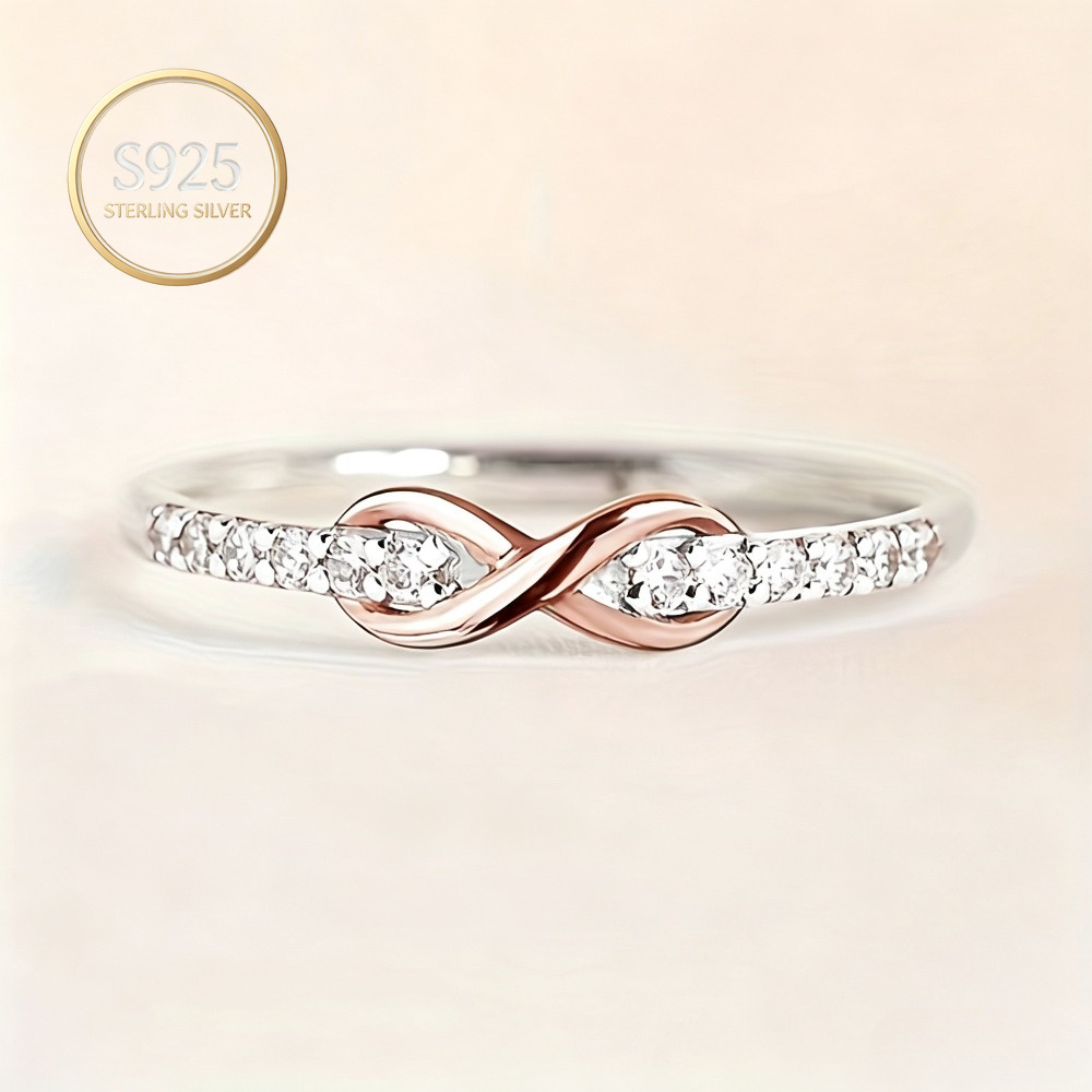 TEMU S925 Sterling Silvery Inlaid Moissanite Two-color Infinite Ring, Women's Versatile Jewelry Fine Ring