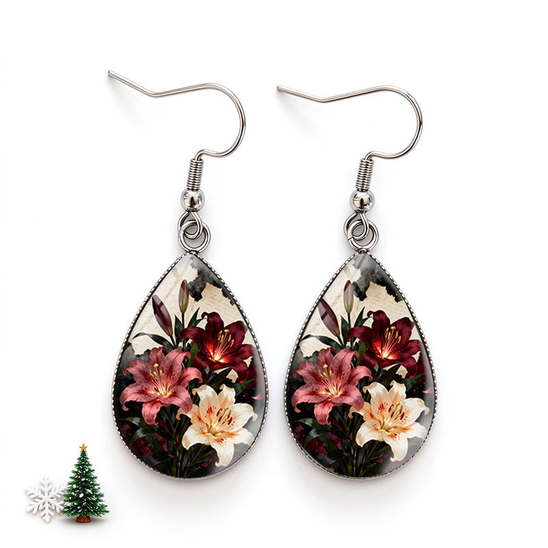 Gothic Red White Lily Floral Tear Drop Earrings
