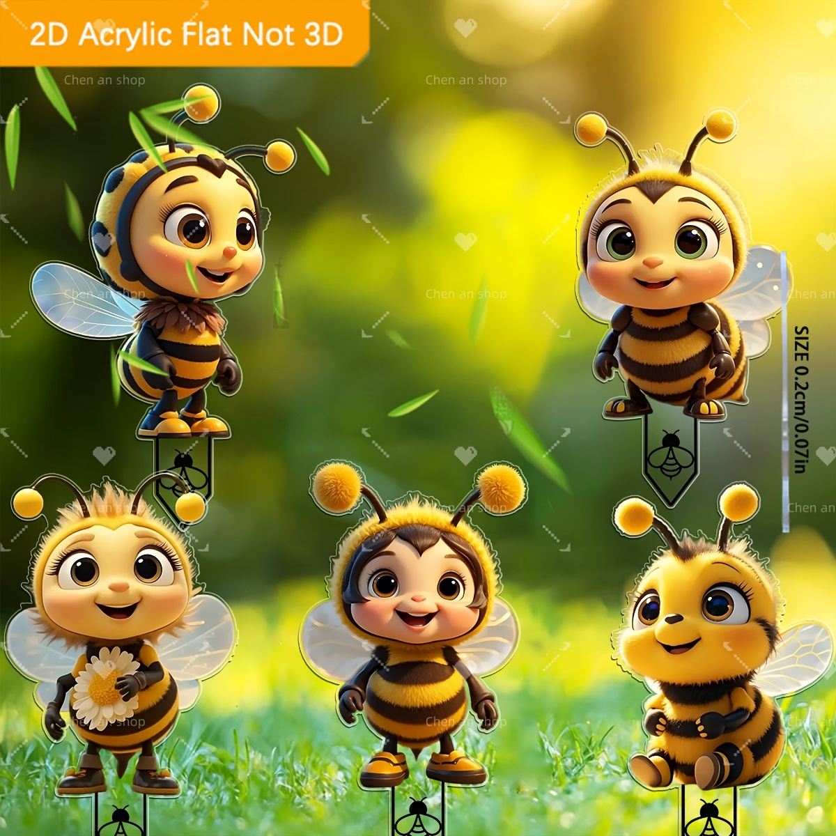 E-shop 2D Flat - Ein 5-teiliges, niedliches Bienenfreunde Acryl Gartendekorationsset für 2D-Flächen, geeignet für Außenausstellungen und Topfpflanzen,