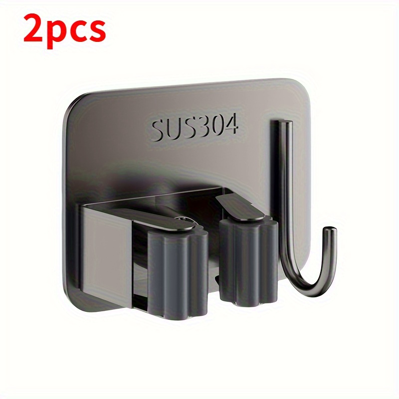 Carbon Steel Mop Hook Punch-free Strong Adhesive Broom Hanger Mop Clip Wall-mounted Bathroom Storage Rack-2 1 Pack