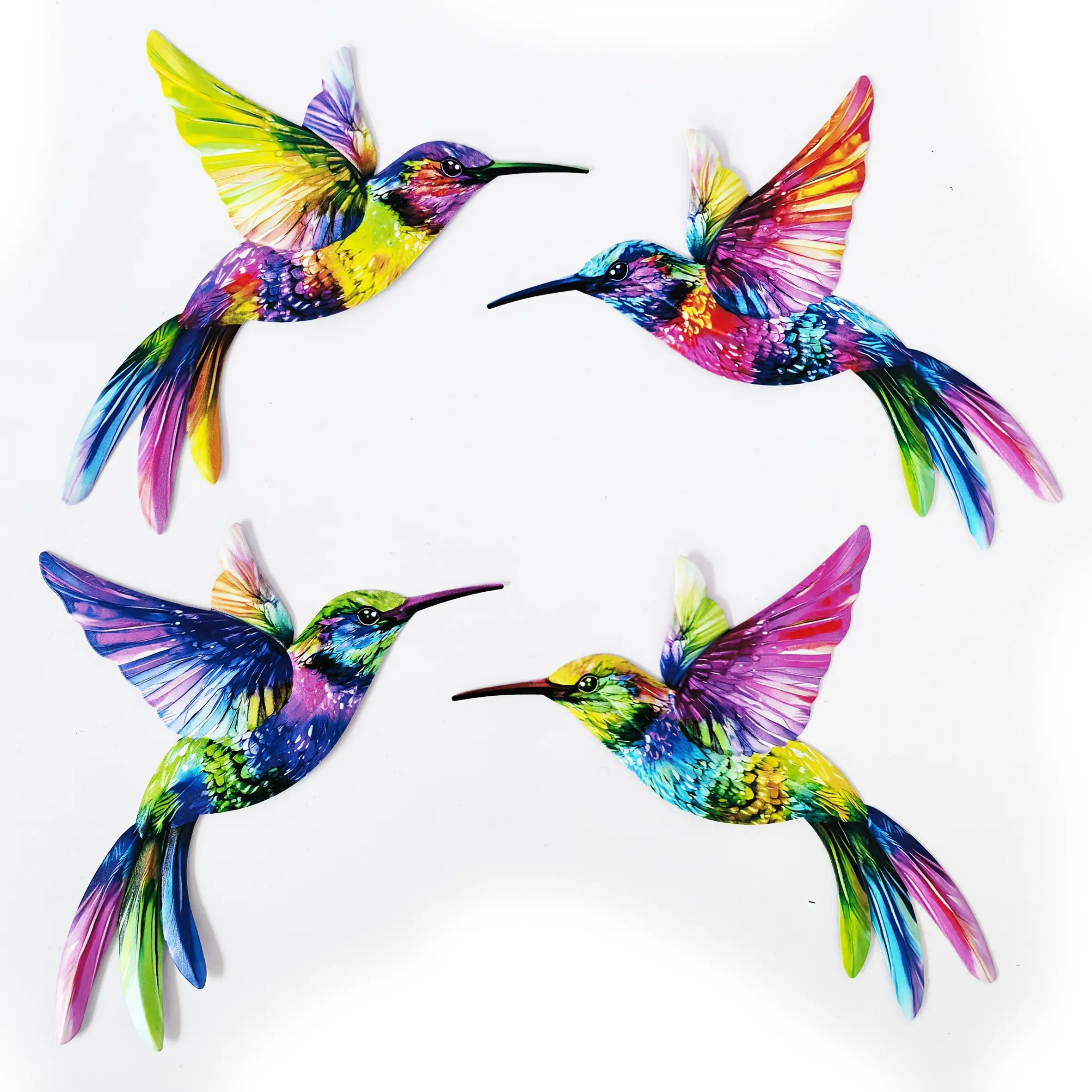 E-shop 2D-Flach, 4er-Set 2D-flache Acryl-Wandkunst für den Außenbereich, 3D-bunte Garten-Vogelskulptur aus Acryl als hängender Schmuck, geeignet für