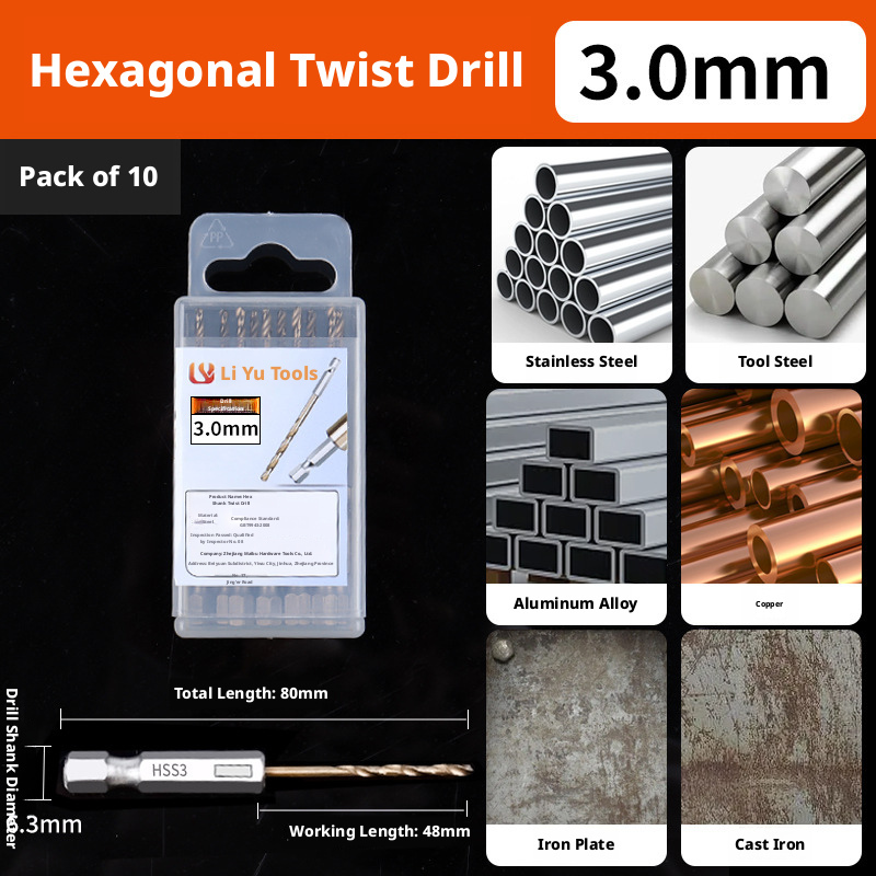 TEMU 10pcs 3.0mm Hex Shank Titanium-plated Twist Drill Bits, Straight Shank Steel Fully Ground Drill Bits, Special Opening Drills For Steel Plate, Aluminum, Iron And Other Metals